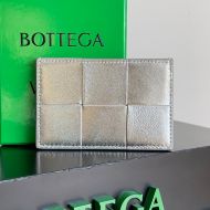 Bottega Veneta Cassette Credit Card Case Intreccio Calfskin Silver