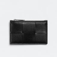 Bottega Veneta Cassette Zippered Card Case Intreccio Calfskin Black