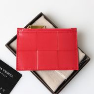 Bottega Veneta Cassette Zippered Card Case Intreccio Calfskin Red