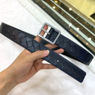 Bottega Veneta Intrecciato Reversible Belt Calfskin with Silver Rectangular Buckle Navy Blue/Black