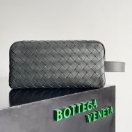 Bottega Veneta Intreccio Travel Pouch with Handle and Contrasted Interior Calfskin Grey/Taupe