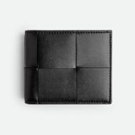 Bottega Veneta Small Cassette Bi-Fold Wallet Intreccio Calfskin Black