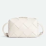 Bottega Veneta Small Cassette Camera Bag Intreccio Lambskin White