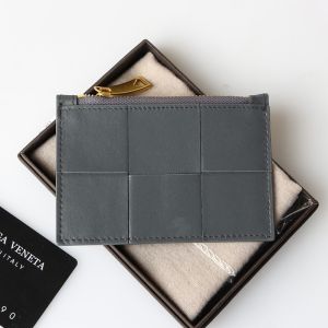 Bottega Veneta Cassette Zippered Card Case Intreccio Calfskin Grey