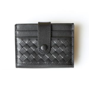 Bottega Veneta Intreccio Credit Card Case with Snap Strap Calfskin Black