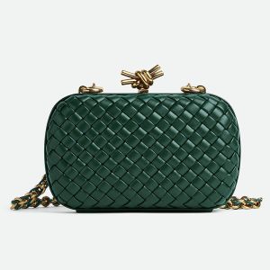 Bottega Veneta Knot Chain Clutch Intreccio Calfskin Minaudiere Green