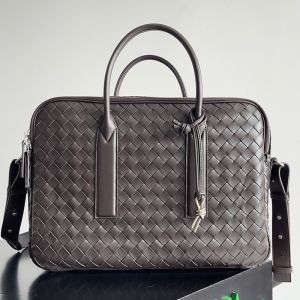 Bottega Veneta Large Getaway Briefcase with Strap and Signature Knot Intreccio Lambskin Coffee