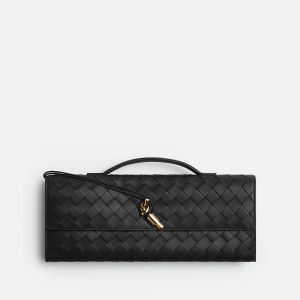 Bottega Veneta Long Andiamo Clutch with Handle and Signature Knot Intreccio Lambskin Black