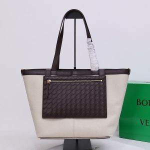 Bottega Veneta Medium Flip Flap Tote with Zippered Pocket Intreccio Lambskin Canvas White/Coffee