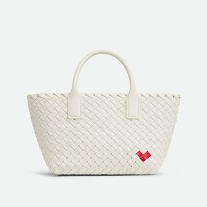 Bottega Veneta Mini Cabat Tote with Woven Heart Shape Intreccio Lambskin White