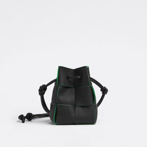 Bottega Veneta Mini Cassette Bucket Bag Intreccio Grained Calfskin Black/Green