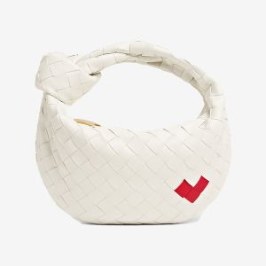 Bottega Veneta Mini Jodie Top Handle Bag with Woven Heart Shape Intreccio Lambskin White