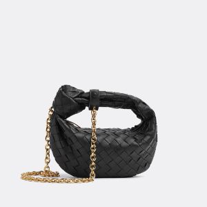 Bottega Veneta Mini Jodie Wristlet Handbag with Chain Intreccio Calfskin Black