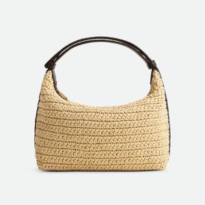 Bottega Veneta Mini Wallace Shoulder Bag with Intreccio Leather Handle Raffia Beige/Coffee