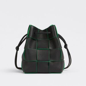 Bottega Veneta Small Cassette Bucket Bag Intreccio Grained Calfskin Black/Green