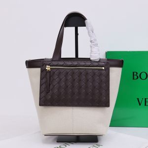 Bottega Veneta Small Flip Flap Tote with Zippered Pocket Intreccio Lambskin Canvas White/Coffee